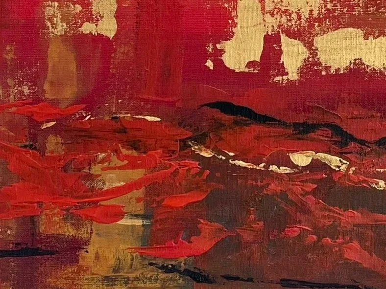 Abstract painting with red, black, and beige colors.