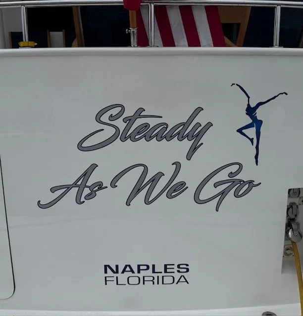 Silver Script lettering with Blue outline and dancer graphic 