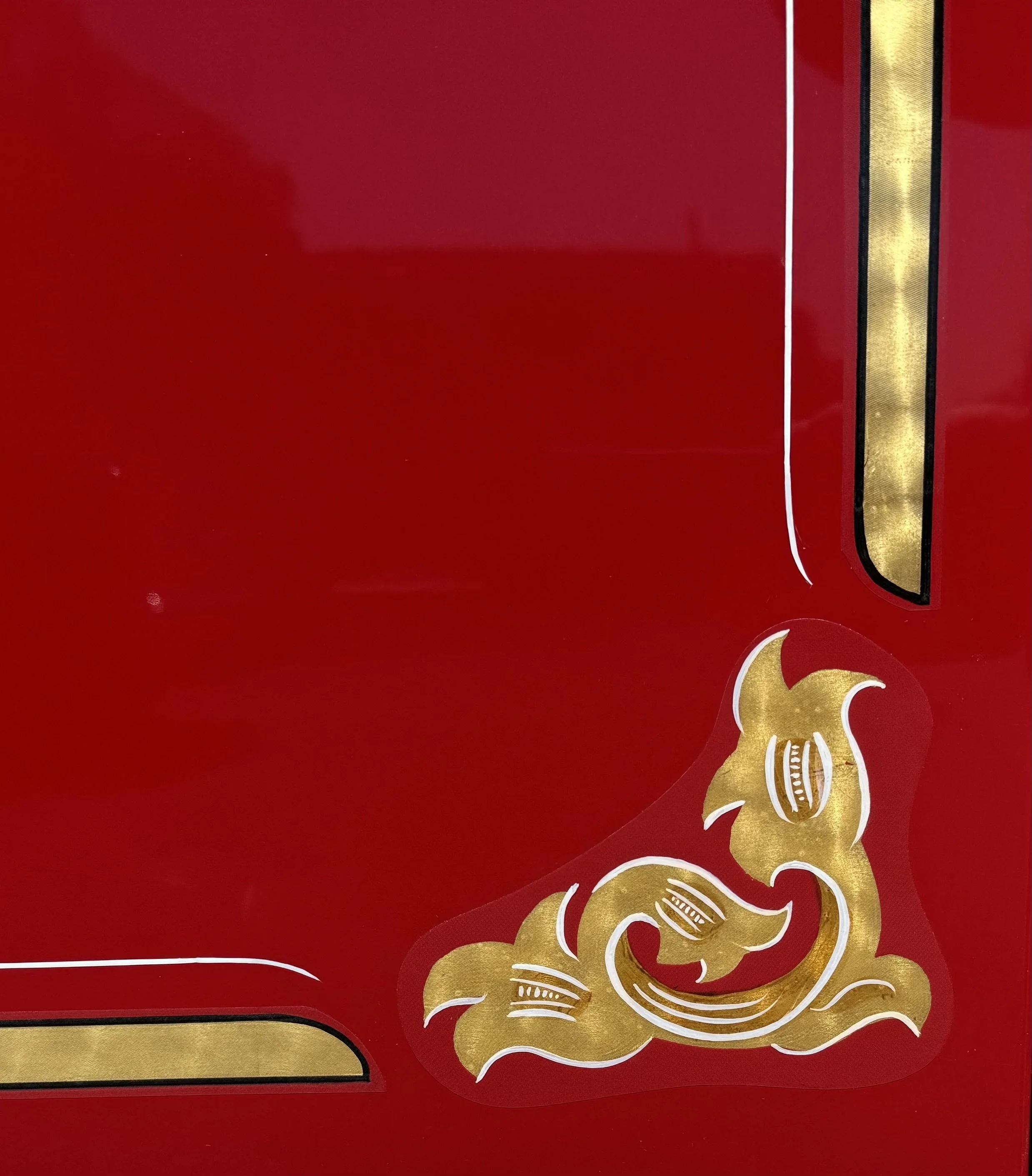 23K GOLD LEAF Restoration with hand striped and engine turned gold leaf and hand painted corner details.