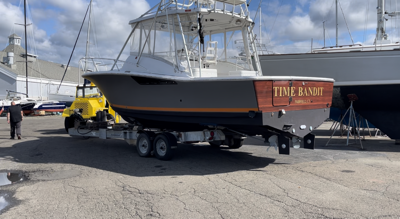 COMPLETE WRAP with Matte Gray hull, Mahogany Vinyl Wrap transom with 22K Real Gold brand lettering with Black outline