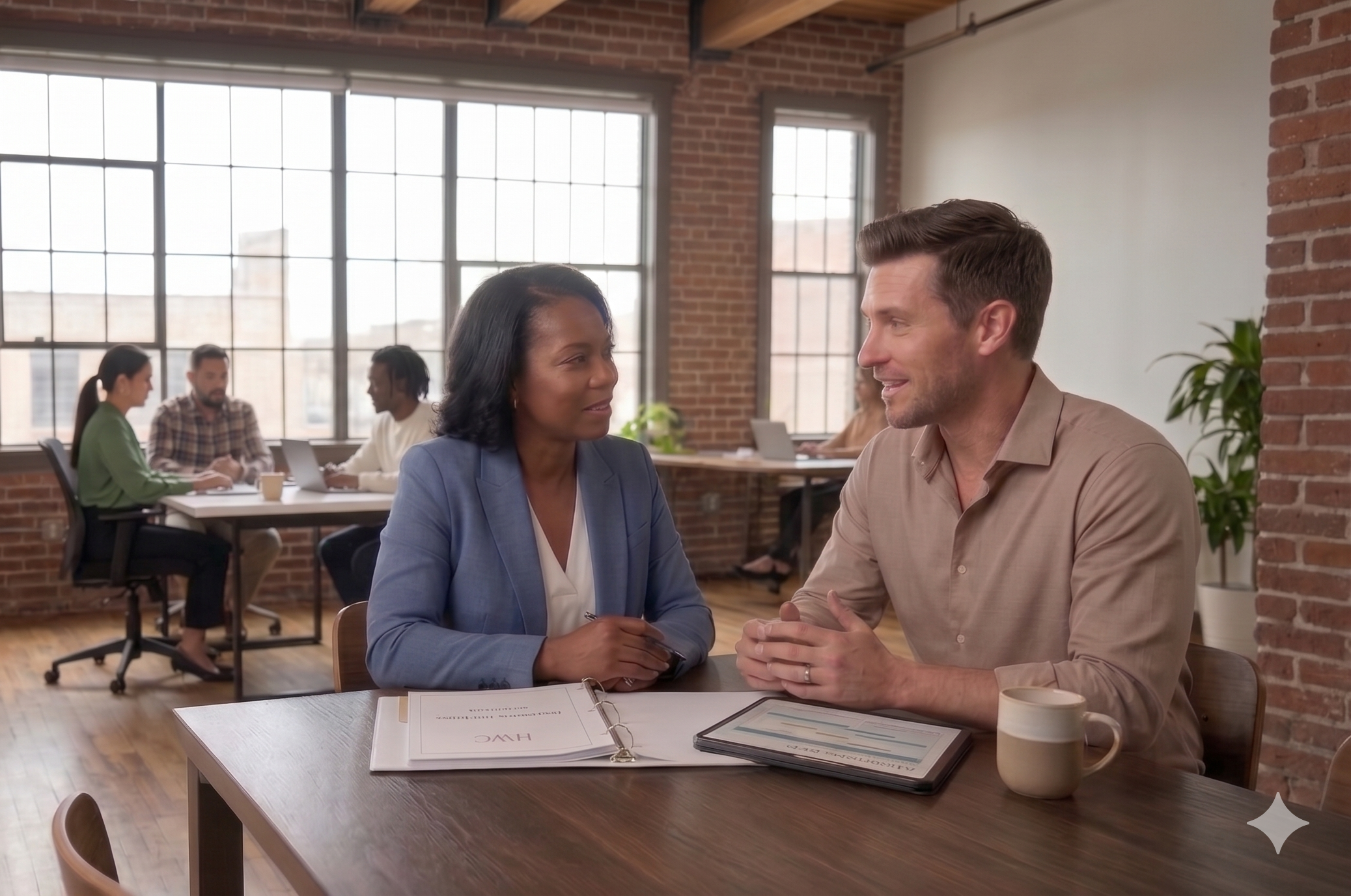Two people, a woman in a blue blazer and a man in a tan shirt, are sitting at a table and having a conversation in a modern office with exposed brick walls and large windows. There are other colleagues working in the background.