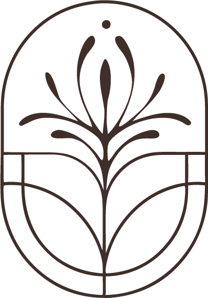 Simple line drawing of a flower inside a rounded rectangular frame.