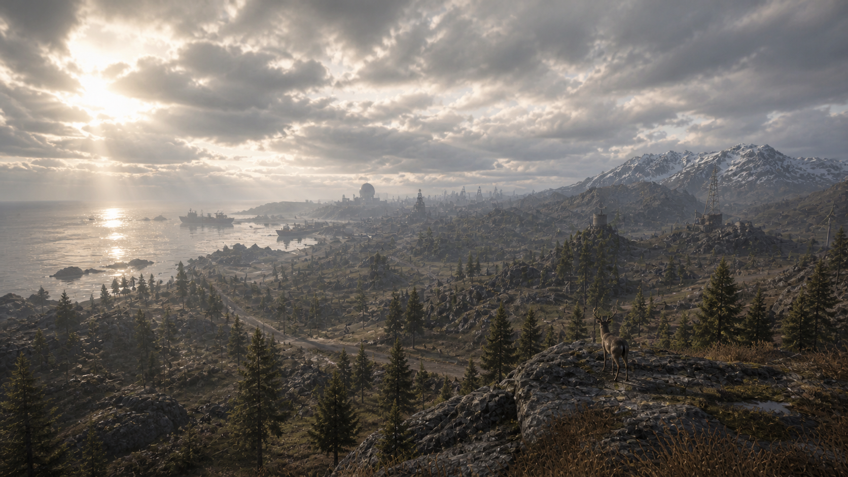 A mountainous landscape with pine trees, a deer standing on rocks in the foreground, and a coastal city with ships and buildings under a cloudy sky at sunset.
