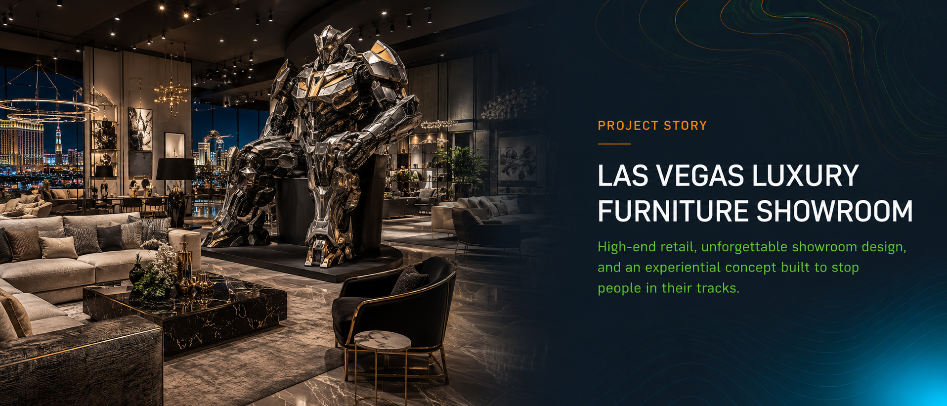 Interior of a luxury furniture showroom with a large robotic gorilla sculpture, modern sofas, and a city skyline view at night.