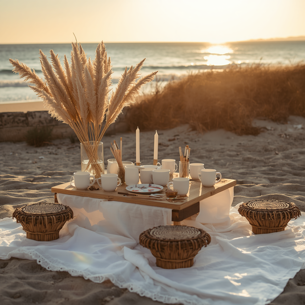 Table de pique-nique sur la plage avec vaisselle blanche, bougies, paquets de bambous, et un vase avec des pampas, au coucher du soleil.
