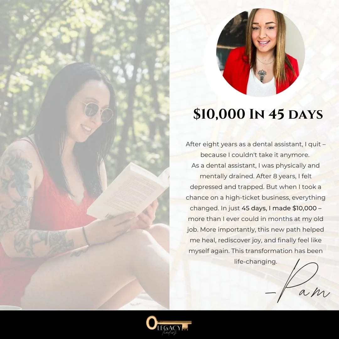 A woman with tattoos and sunglasses reading a book outdoors, with a text overlay about earning $10,000 in 45 days after leaving her job as a dental assistant. The overlay includes her photo and a personal story of transformation and success.