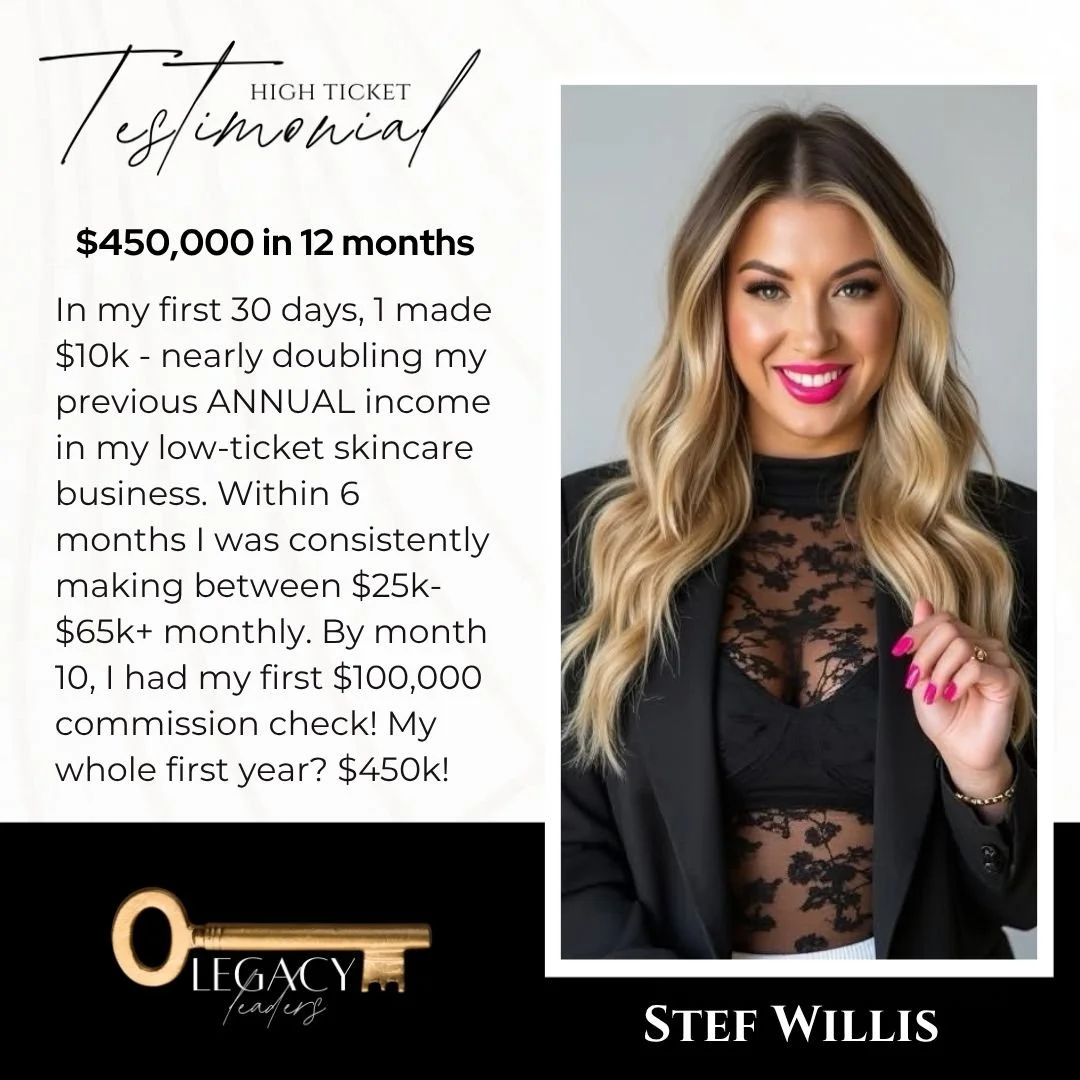 A woman with long blond hair, wearing a black lace top and blazer, smiling with pink lipstick, holding her hand near her face. Next to her, there is text about earning $450,000 in 12 months with a skincare business, along with a gold key logo and the