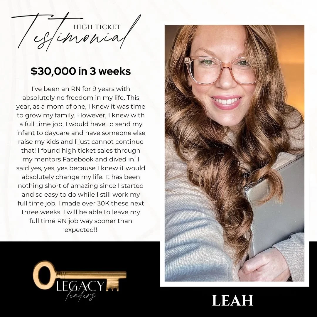 Testimonial poster featuring a smiling woman with long curly hair and glasses, promoting a program to earn $30,000 in three weeks as a full-time RN, with a logo at the bottom reading "Legacy Leaders" and the name "Leah" underneath.