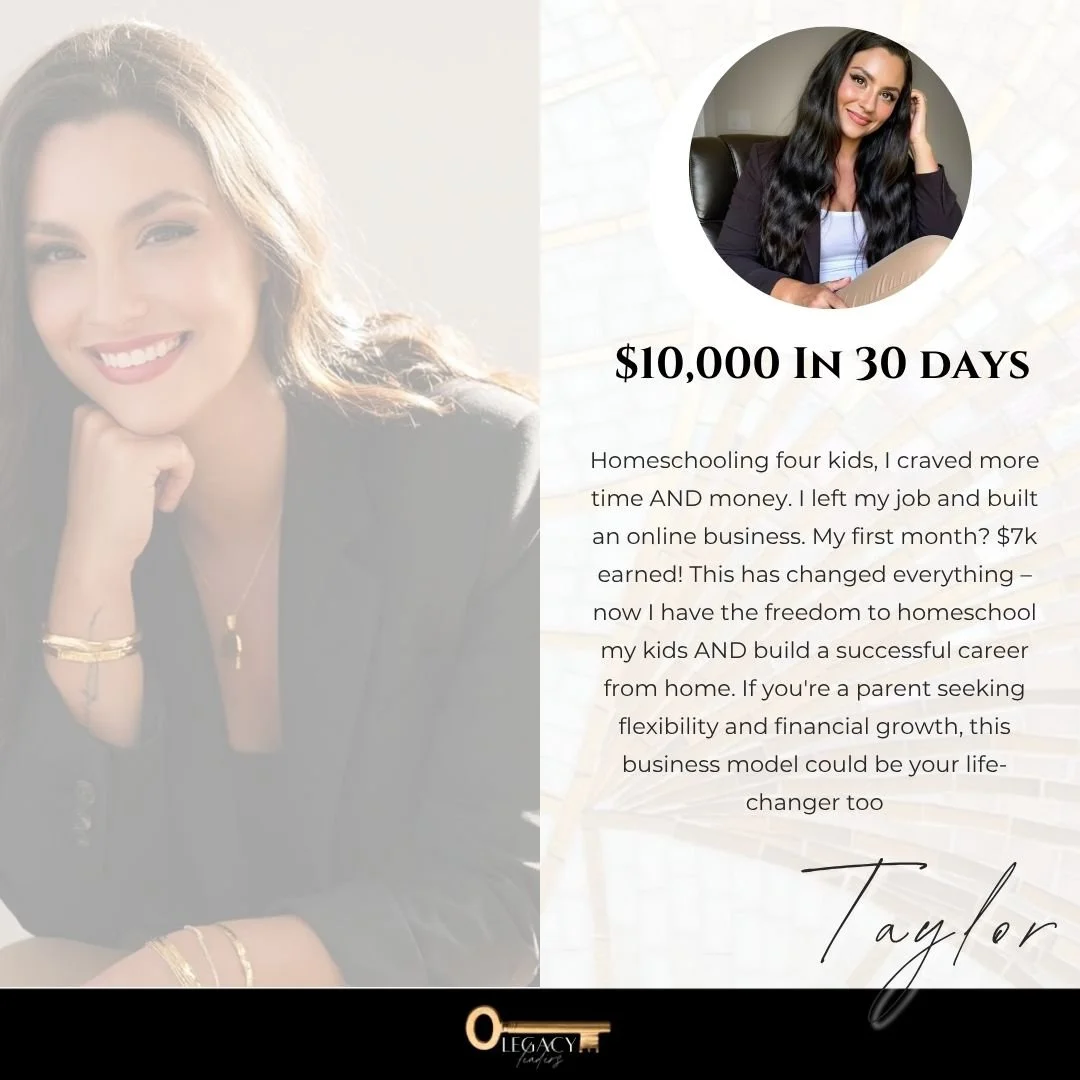 A promotional image featuring a smiling woman with long, dark hair and a signature at the bottom. The text highlights earning $10,000 in 30 days through homeschooling and building an online business.