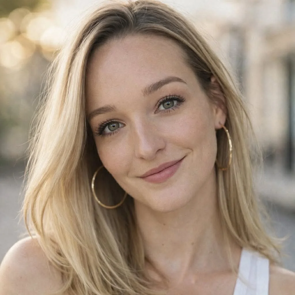 A woman with blonde hair, blue eyes, and hoop earrings smiling outdoors.