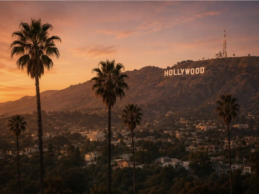 Sunset over Hollywood Hills with the Hollywood sign on the hillside, surrounded by palm trees and a cityscape below.