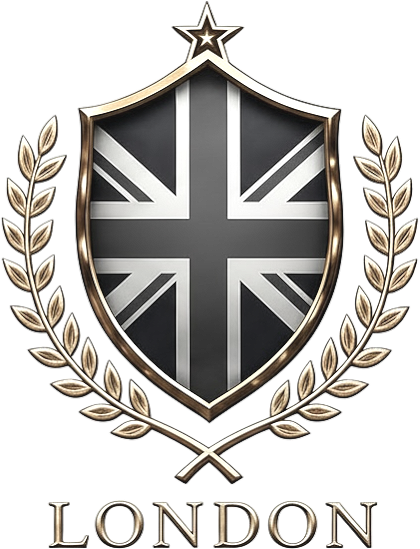 A shield with a black and white Union Jack design, surrounded by a gold laurel wreath, topped with a star, and the word 'London' at the bottom.