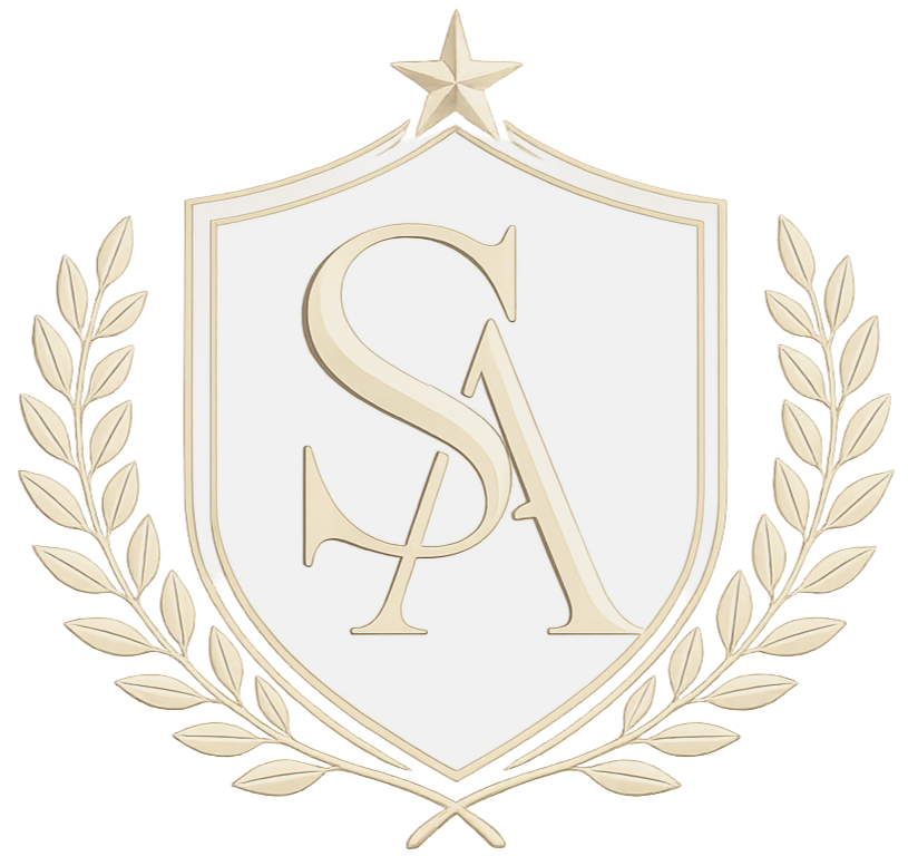 A white shield with a gold border, featuring the letters 'S' and 'A' intertwined in the center. The shield is topped with a gold star and is surrounded by gold laurel branches.