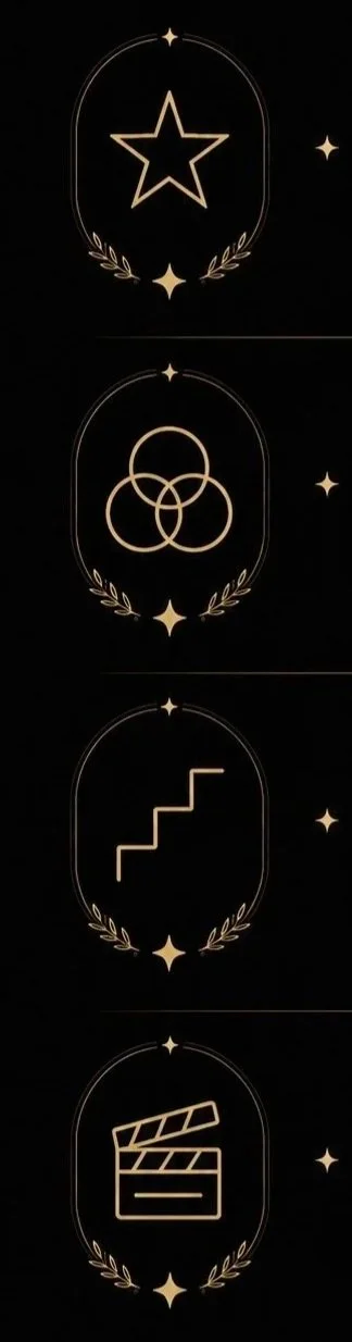 Four minimalist gold icons on a black background, each within an oval and decorated with small stars and laurel branches: a star, three interlinked circles, a staircase, and a film clapperboard.