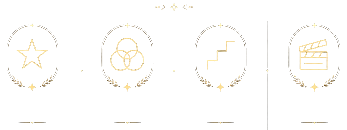 A row of four decorative icons in gold on a black background: a star, three interlinked circles, stairs, and a clapboard, each inside an ornate oval frame with laurel accents.