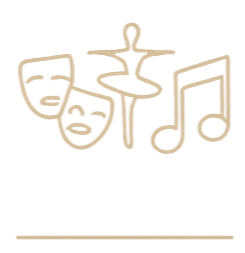 Music and theater icons including comedy and tragedy masks, a dancer, and musical notes.