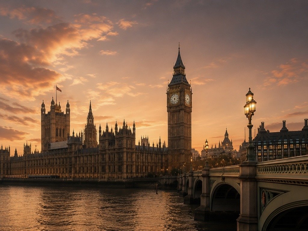 Sunset view of the Houses of Parliament and Big Ben in London, with a bridge and street lamps in the foreground.