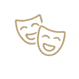 Two comedy and tragedy theatrical masks, smiling and facing each other.