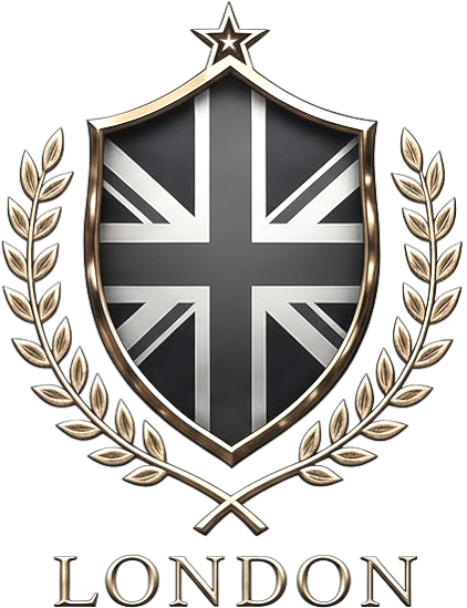 A decorative emblem featuring a shield with a stylized Union Jack flag design in black and white, surrounded by a gold laurel wreath and a star at the top, with the word "LONDON" written below.