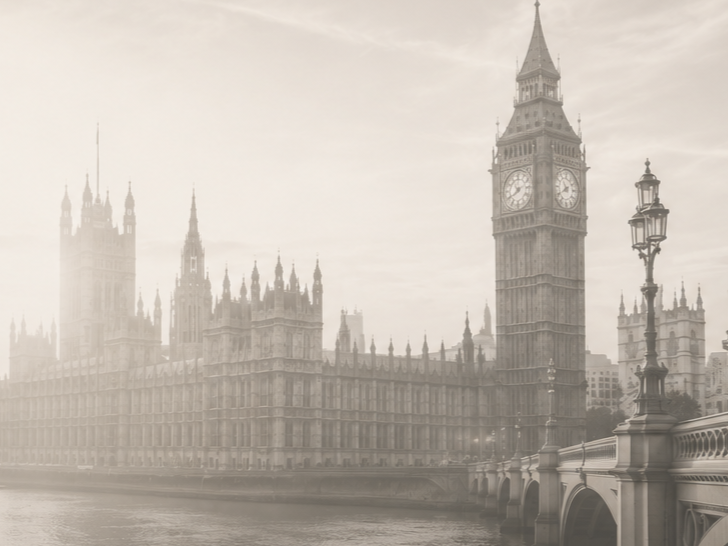 Black and white photo of the Big Ben clock tower and the Houses of Parliament in London, viewed from across the river.
