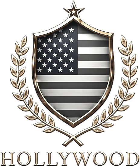 A silver shield with a black and white American flag design, surrounded by a laurel wreath, with the word 'HOLLYWOOD' beneath.
