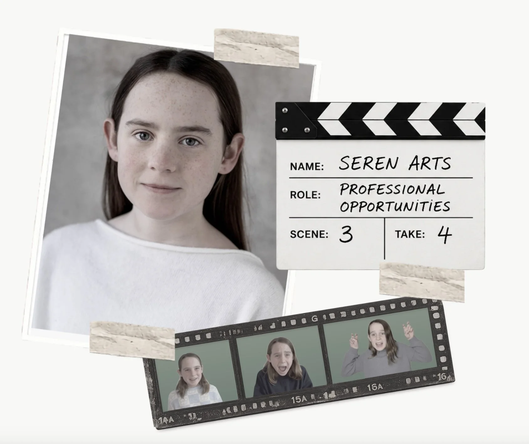 A film slate next to a portrait of a young girl with red hair and freckles, with other photo strips showing a girl posing and making expressive faces.