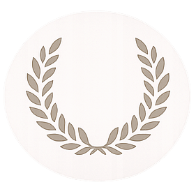 A minimalist gray laurel wreath on a white circular background.