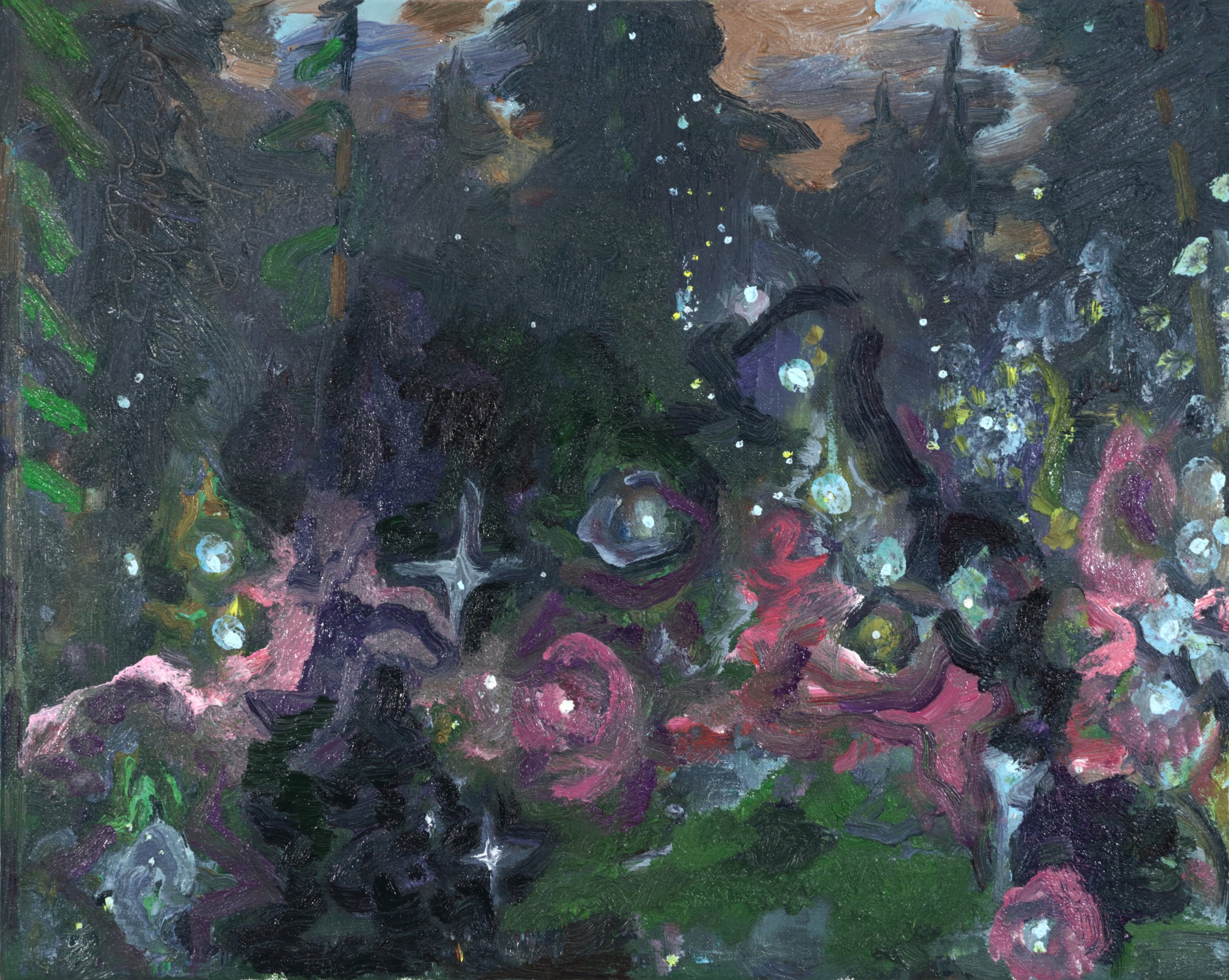 An impressionistic painting with dark colors and bright specks, depicting a nighttime floral scene with pink, purple, and yellow flowers amidst green leaves and a dark background.