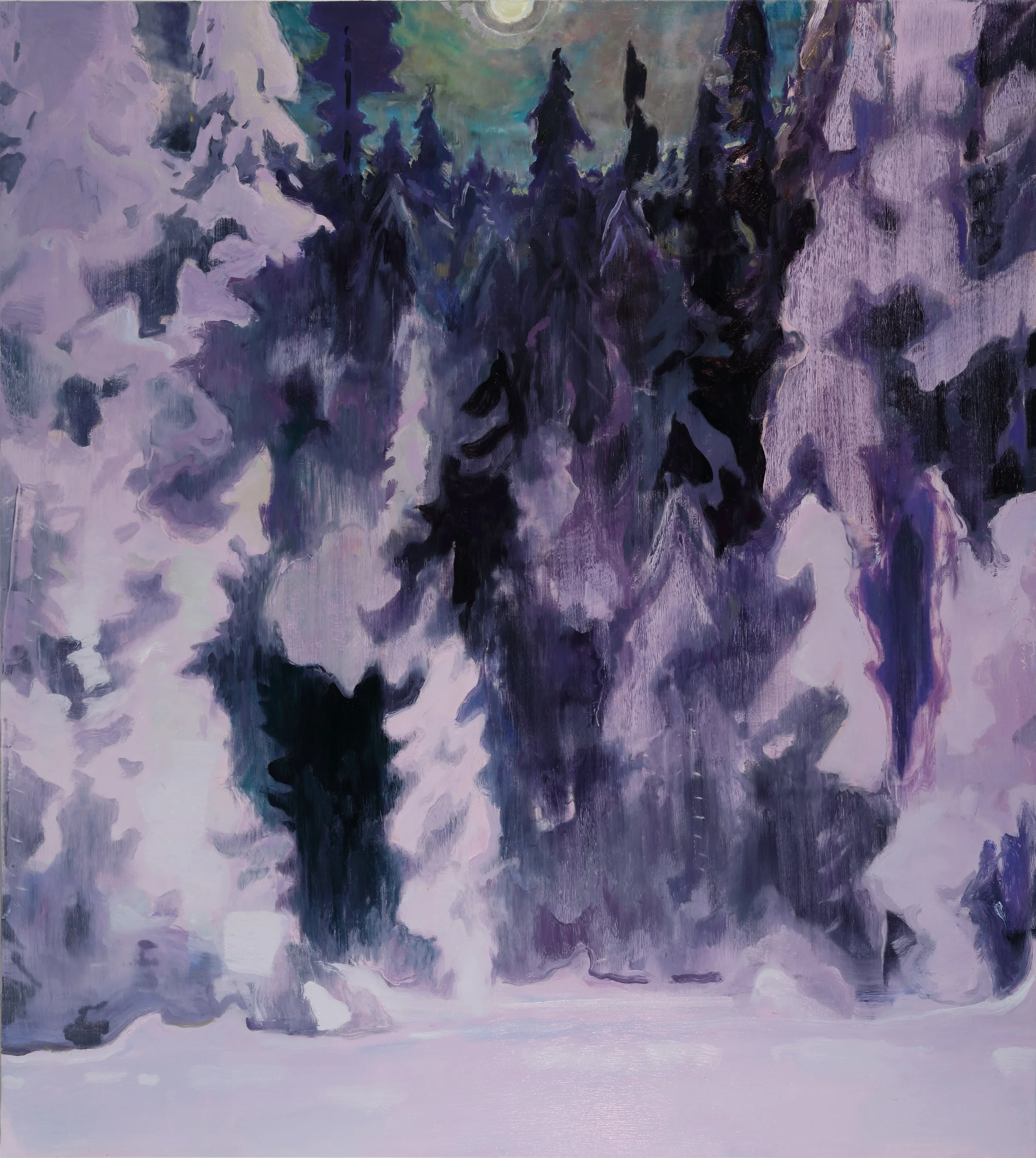 Abstract painting featuring dark purple and black trees reflected on a water surface with a pastel-colored sky and a bright moon or sun.