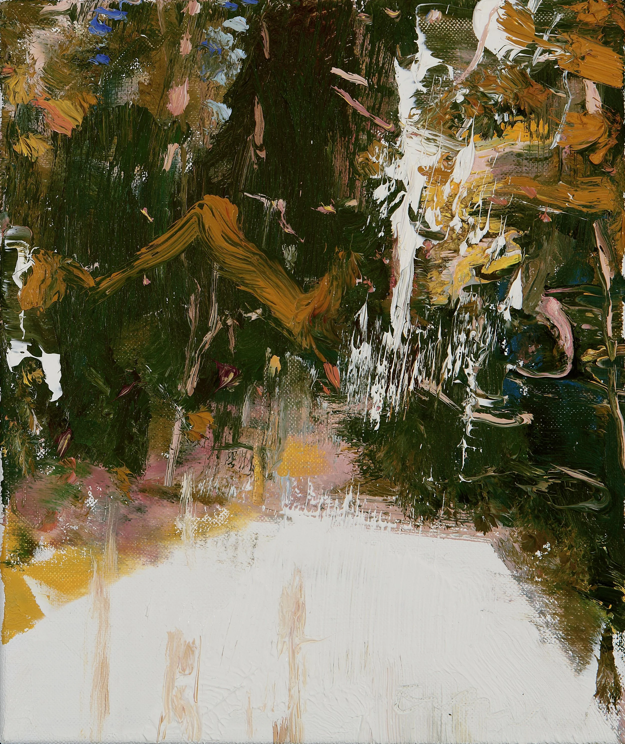 Abstract expressionist painting with thick brushstrokes in dark green, white, brown, pink, yellow, black, and blue, depicting a natural landscape with a waterfall and trees reflected in water.