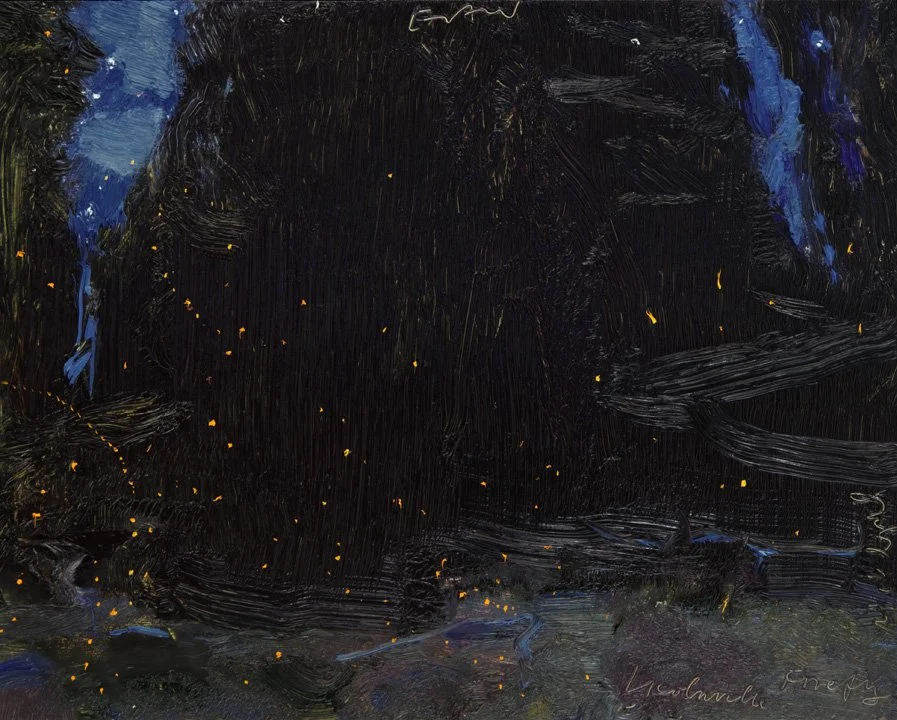 Nighttime sky with stars and some blue clouds or formations, painted with thick brush strokes.
