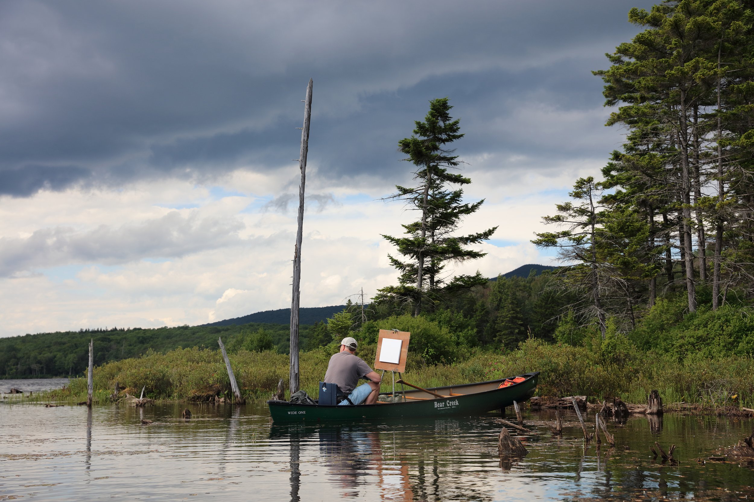 A person sitting in a canoe at the water's edge, painting on a canvas, with trees and stormy clouds in the background.
