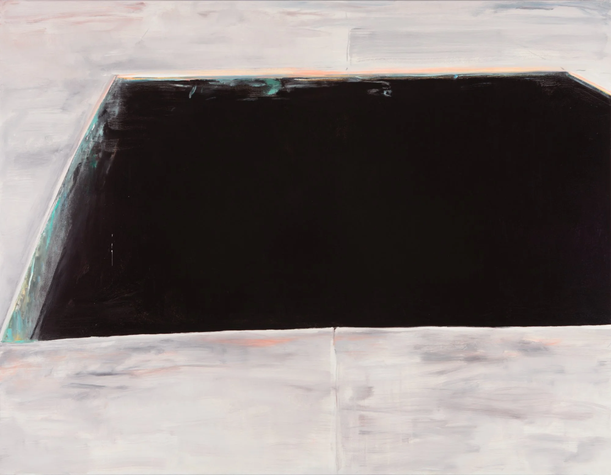 An abstract painting featuring a large black rectangle in the center, surrounded by white and light gray borders, with hints of orange and teal near the edges.