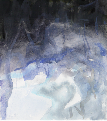 Abstract watercolor painting with shades of blue, gray, and black.