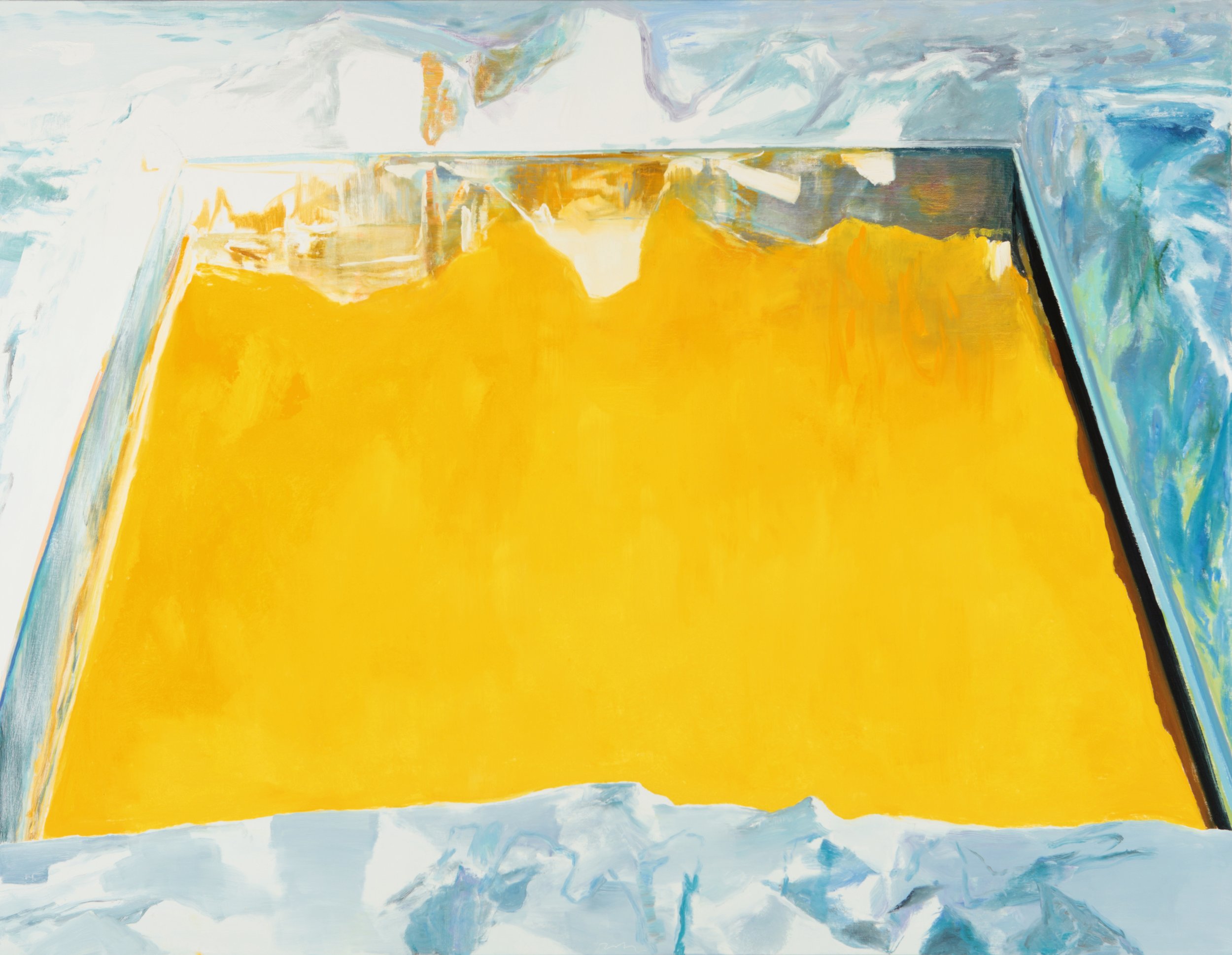 Abstract painting with a large yellow rectangular shape in the center, surrounded by shades of blue, white, and hints of other colors.