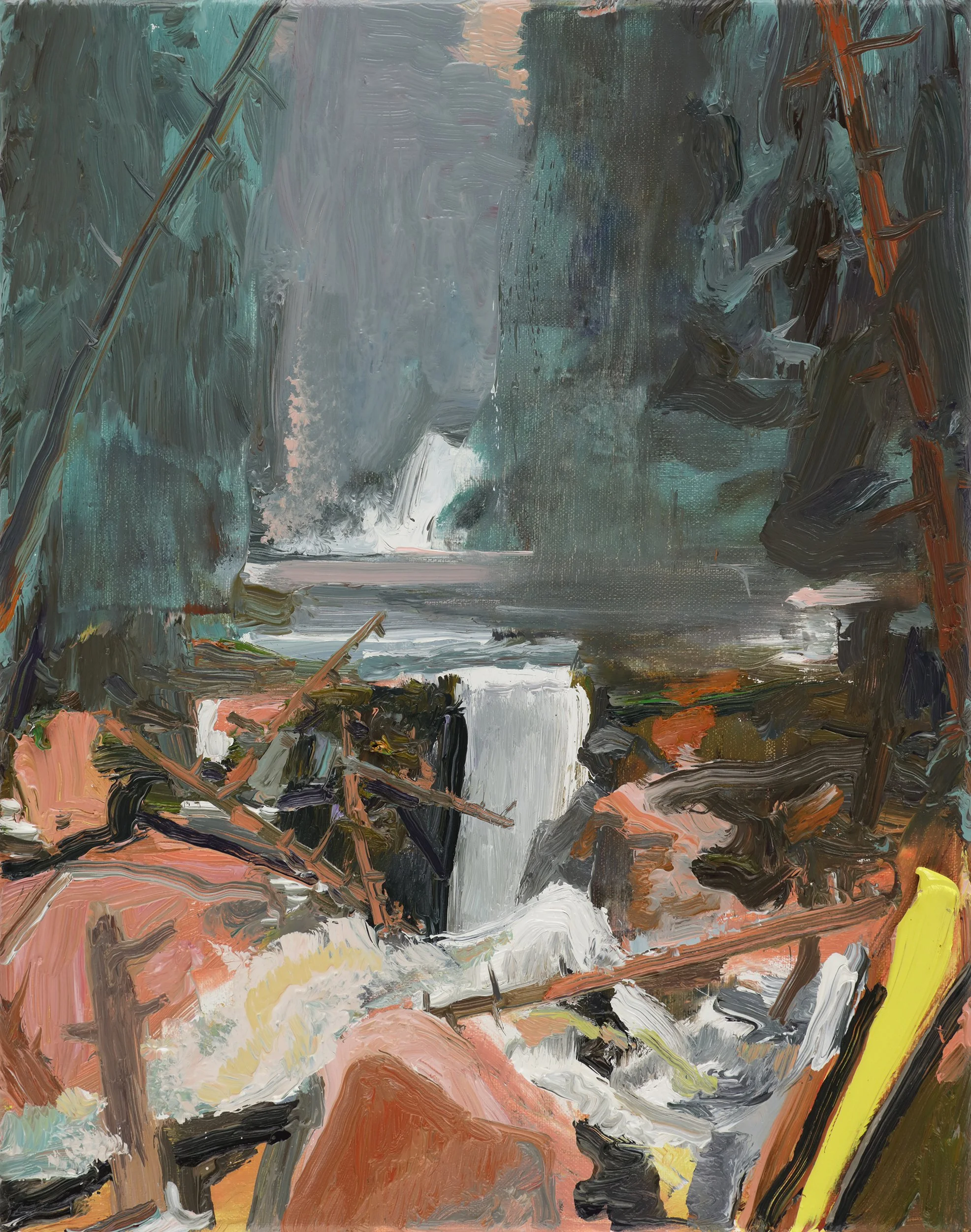 Abstract painting with swirling brushstrokes in shades of green, gray, black, brown, coral, white, and yellow.