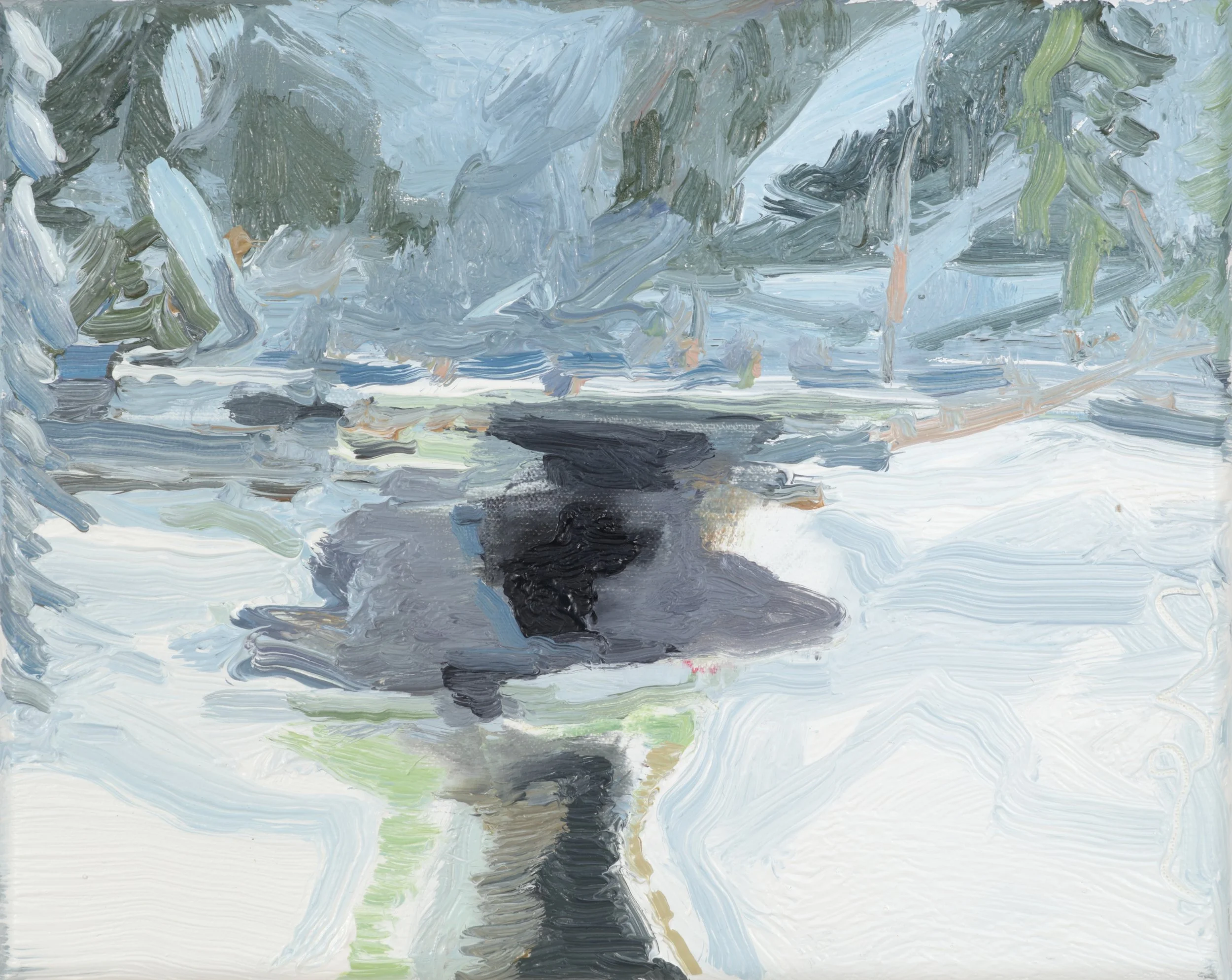 Abstract painting with broad, sweeping brushstrokes in shades of gray, white, green, and blue, creating a textured landscape scene.