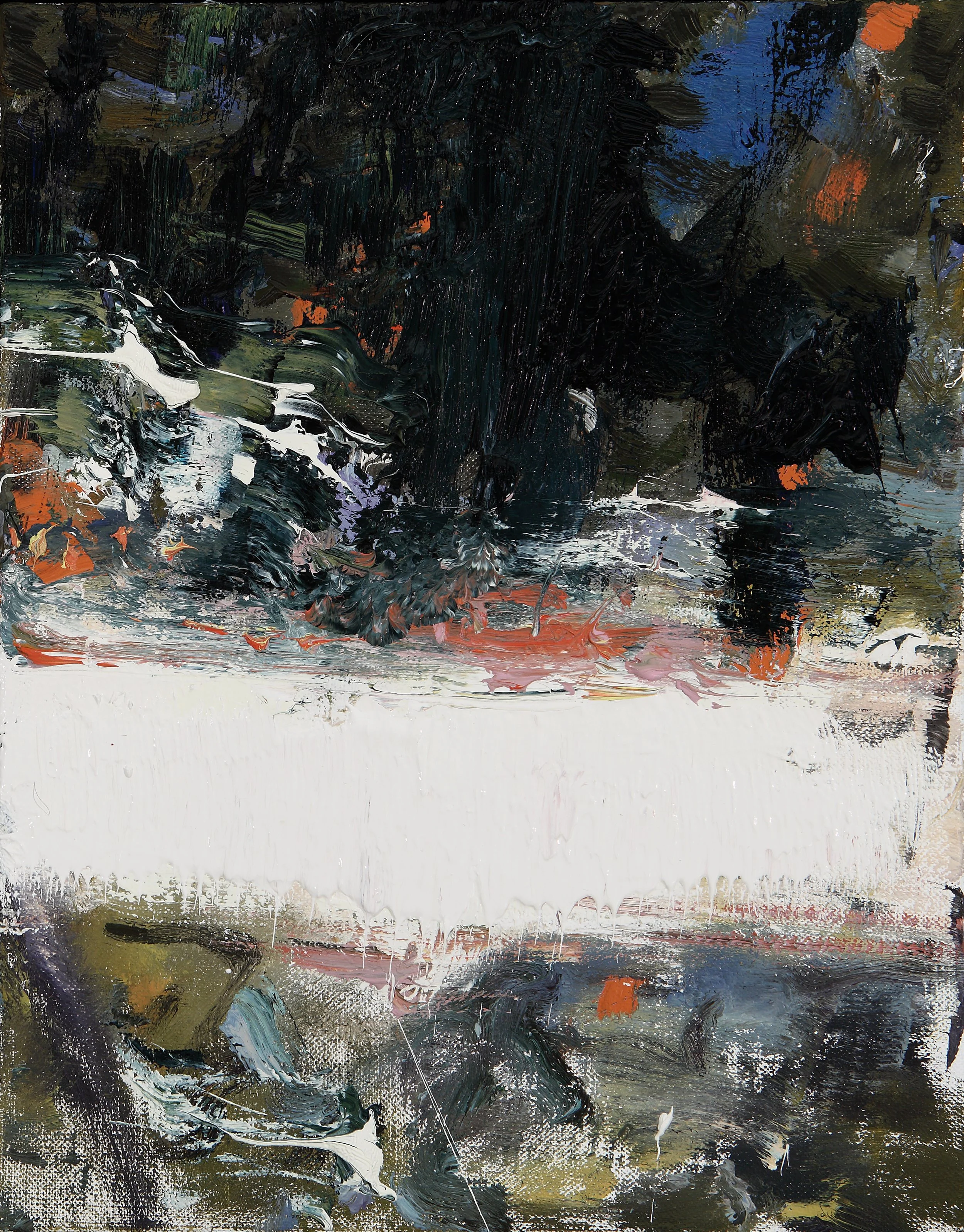 Abstract expressionist painting with dark colors, splashes of white, orange, blue, and green, textured with thick brushstrokes and layered paint.
