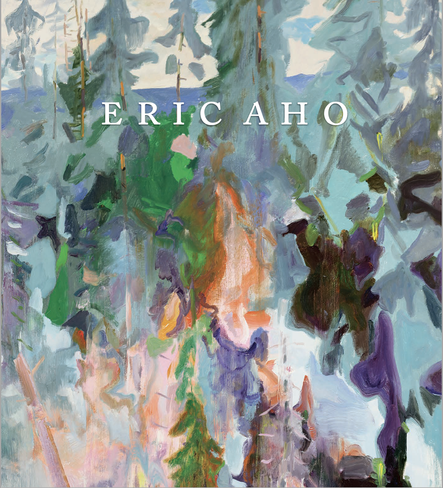 Abstract painting of a forest scene with trees and foliage in various shades of green, blue, purple, and orange, with the text 'ERIC AHO' overlaid.