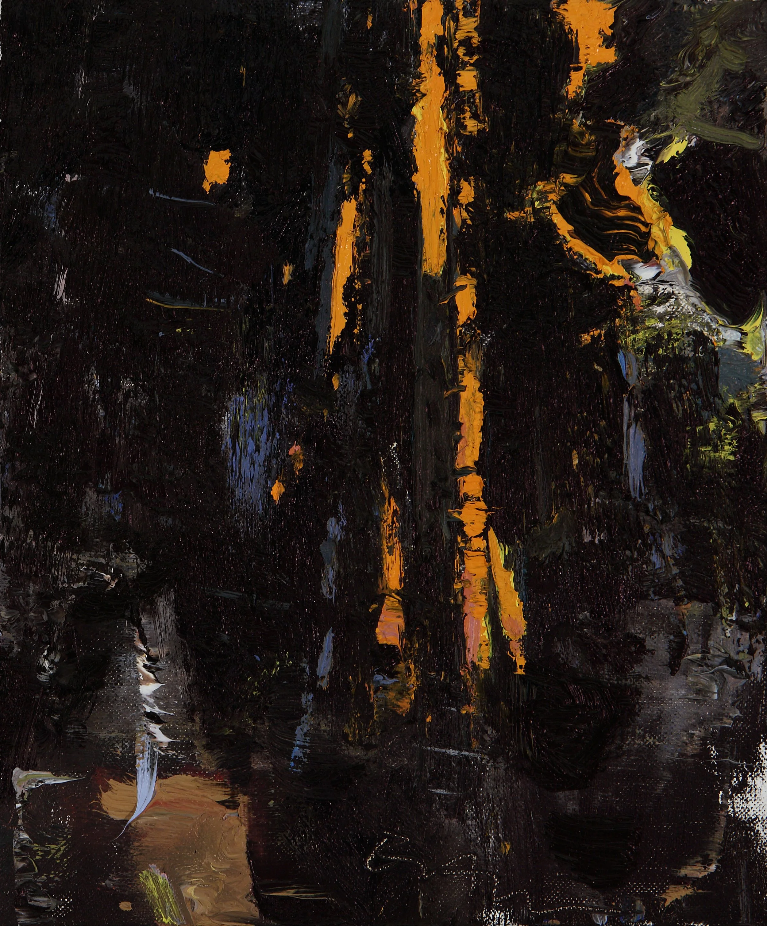 Abstract painting with black background and bold streaks of orange, white, and yellow paint.