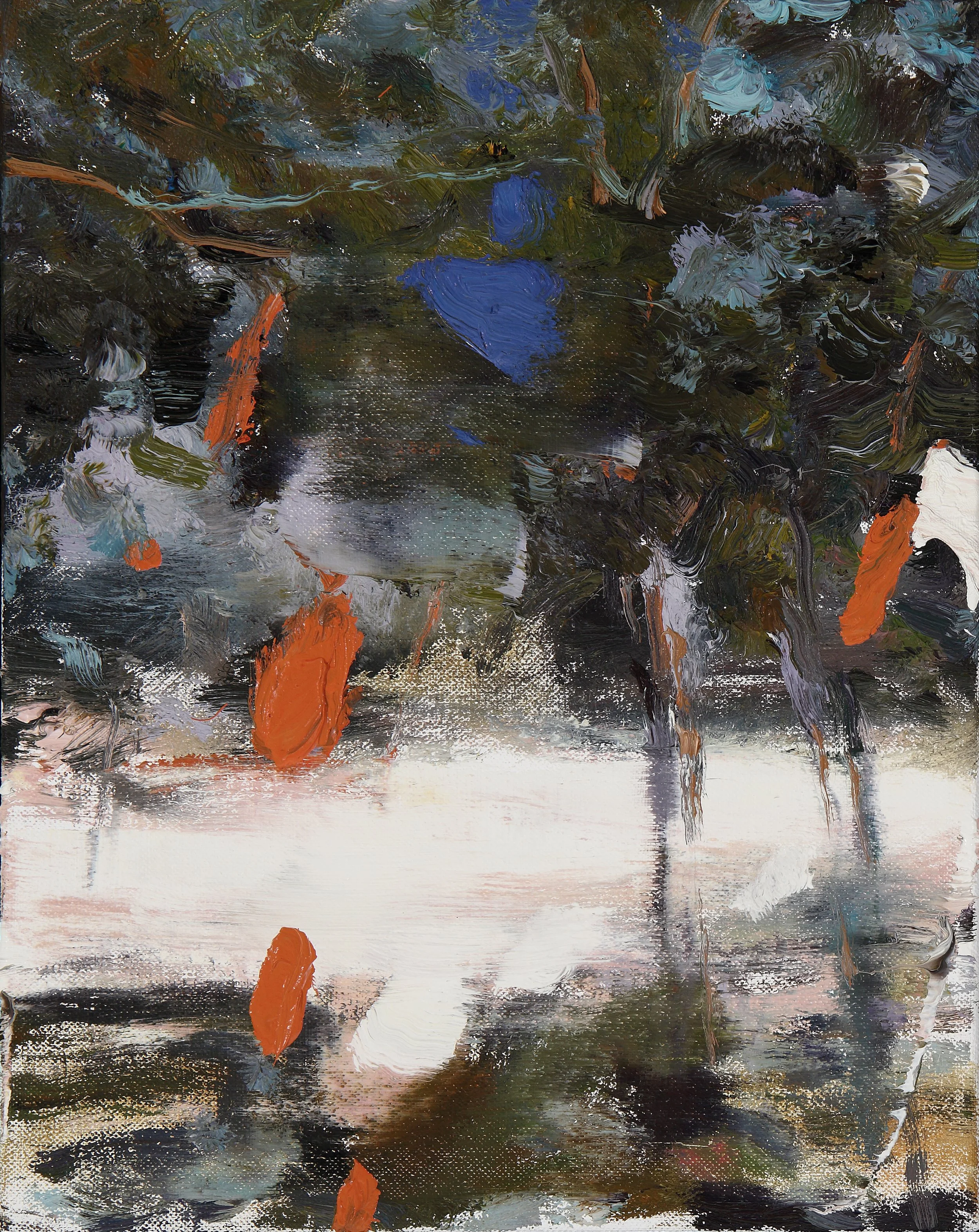 An abstract painting with brushstrokes in dark greens, browns, black, white, and vibrant blue, orange, and hints of purple, creating a textured composition with no clear subject.
