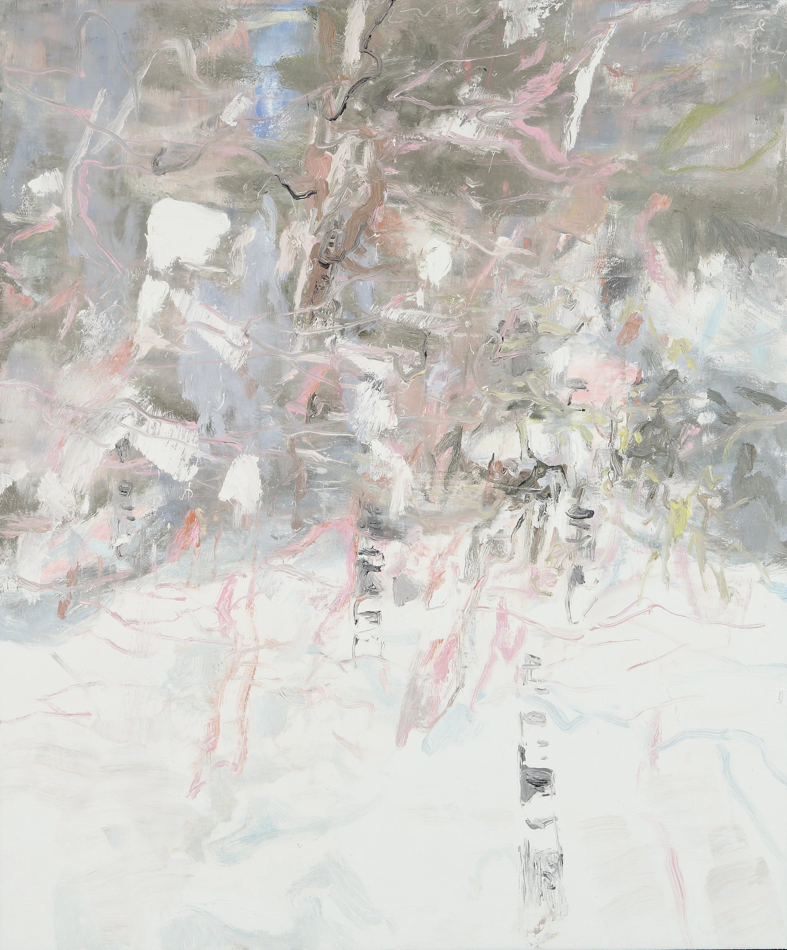 An abstract painting with a predominantly gray, beige, and light pink color palette, featuring swirling and textured brushstrokes.