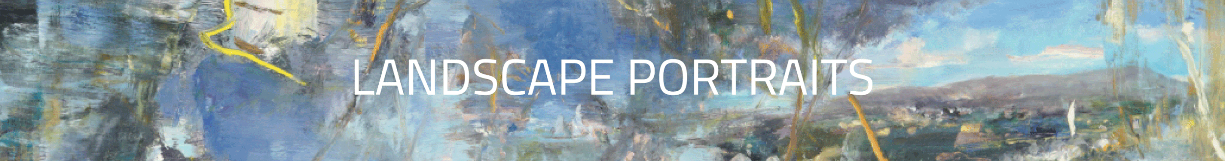 An abstract landscape painting with blue, green, and yellow brushstrokes. The words "Landscape Portraits" are overlaid on the image.