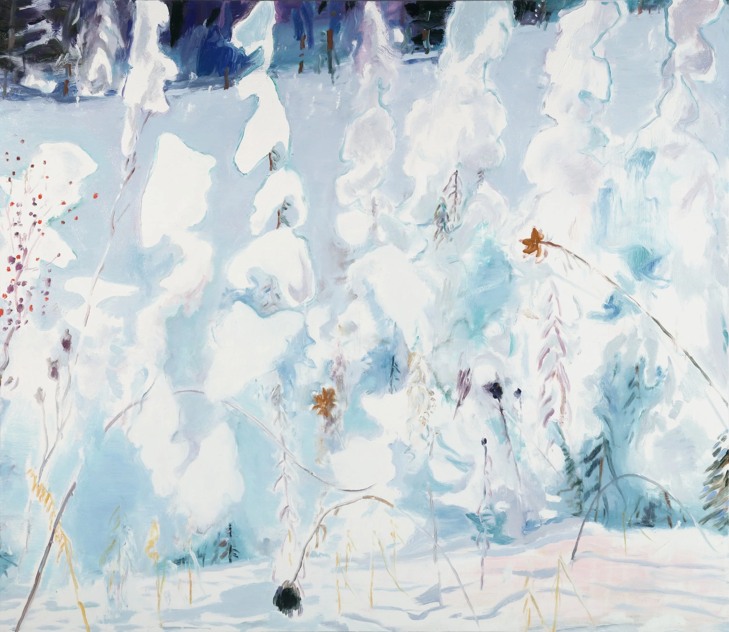 An abstract painting of a winter landscape with snow, trees, and bushes painted in shades of white, blue, and brown with textured brushstrokes.