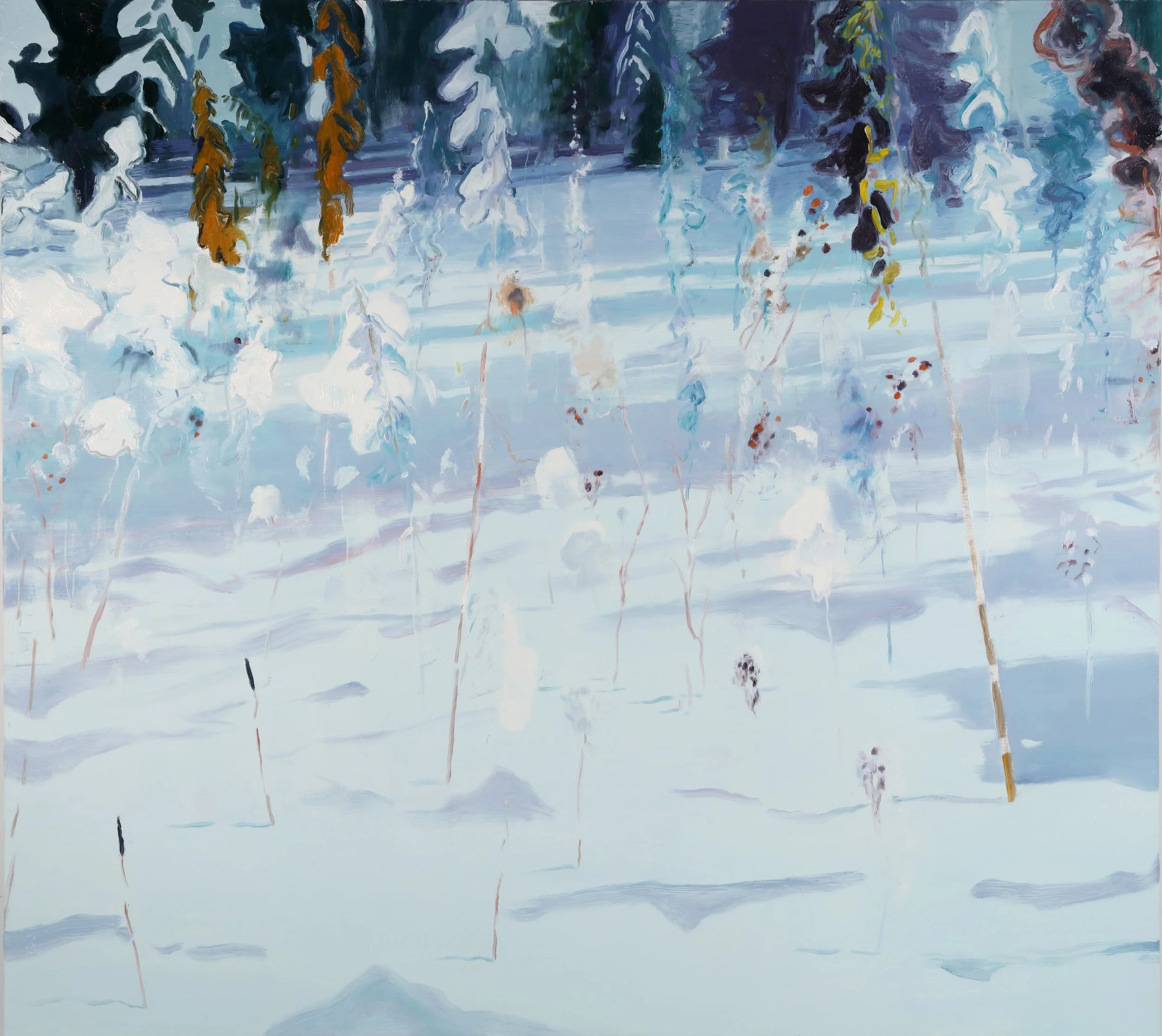 An abstract painting with broad, expressive brushstrokes representing a winter scene with snow-covered ground and dark, undefined trees or figures in the background. The color palette includes various shades of blue, white, black, and orange.