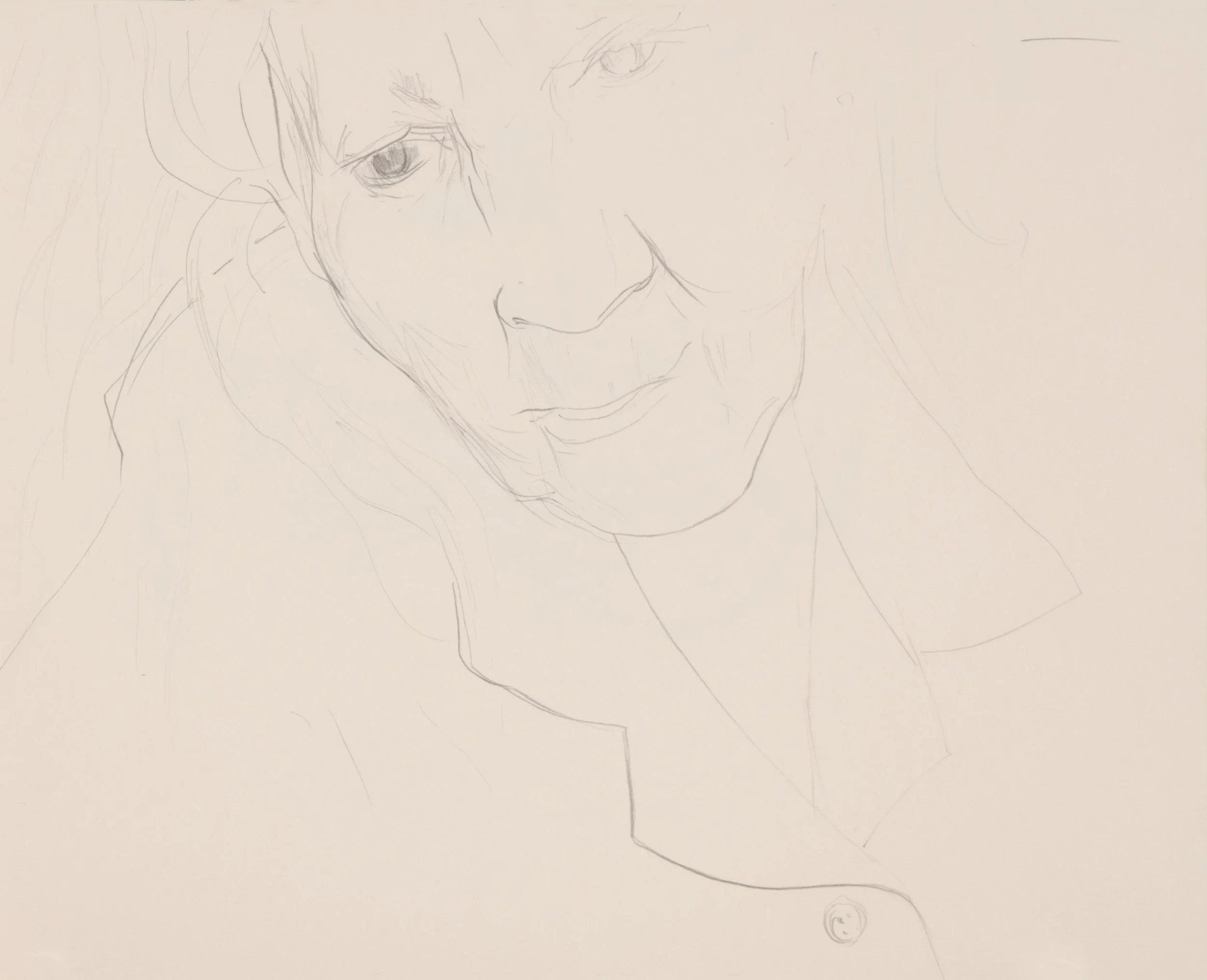 A faint pencil sketch of a person's face, showing only a partial view with detailed eyes, nose, and lips, on light-colored paper.