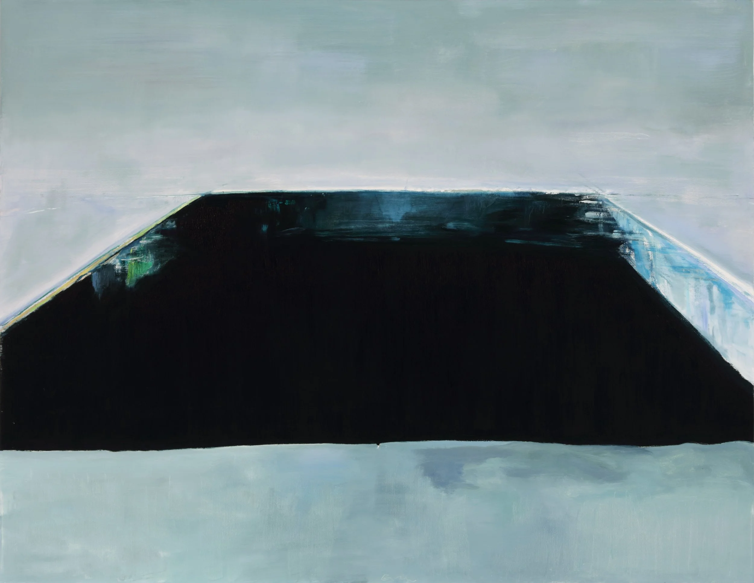Abstract painting with horizontal bands of muted blue, gray, and black colors.