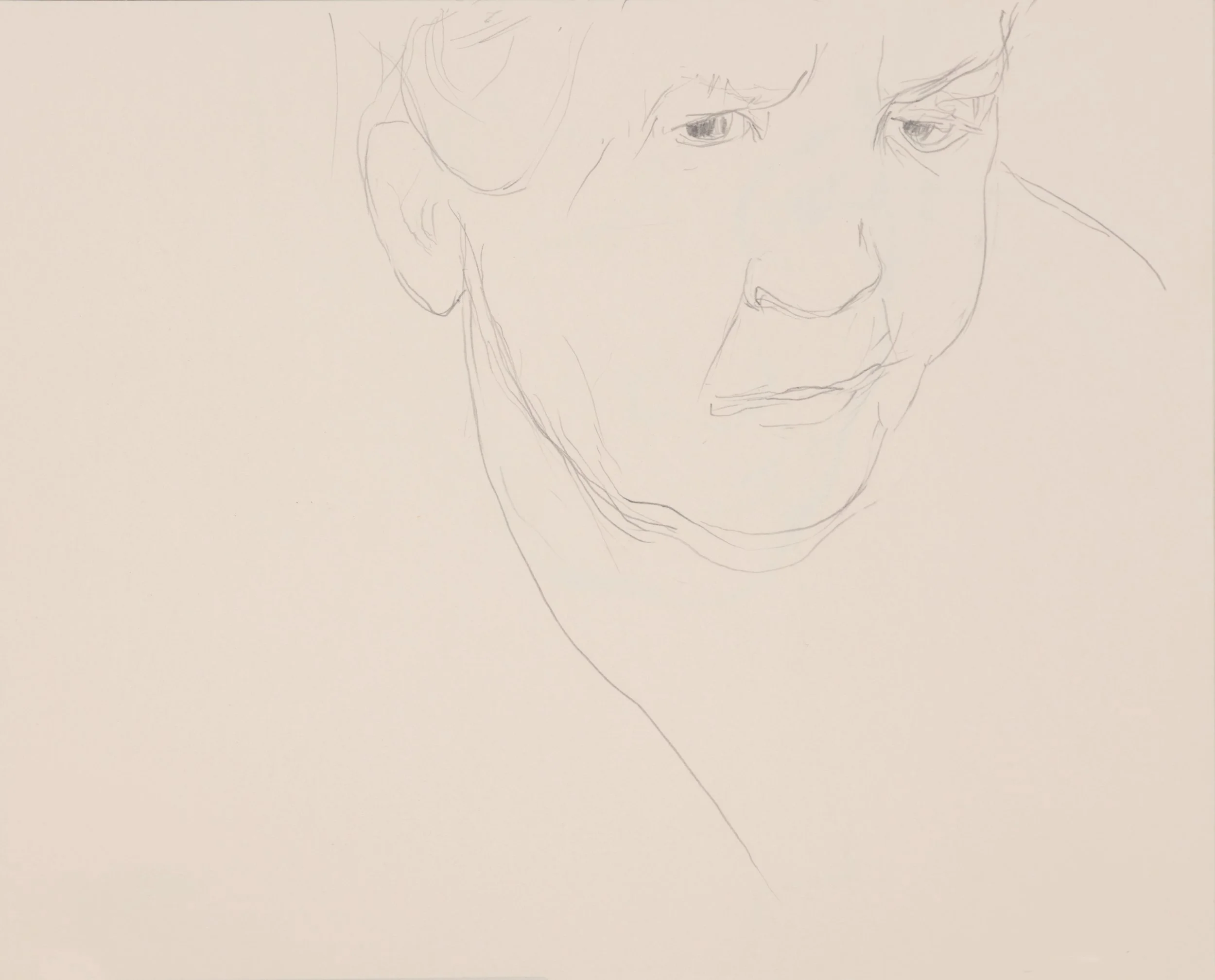 Line drawing of a person's face, showing an older man with light hair, looking to the right with a contemplative expression.