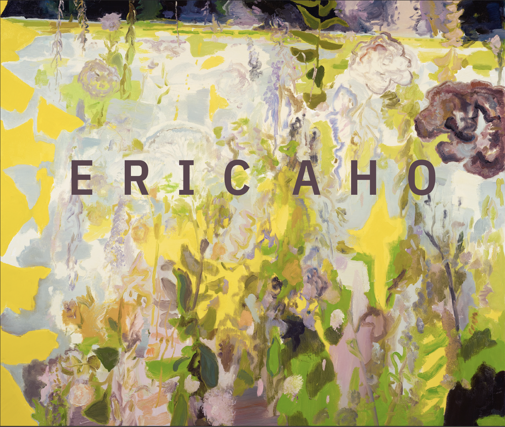 Abstract floral painting with the word 'ERICAHO' overlaid in large purple letters.