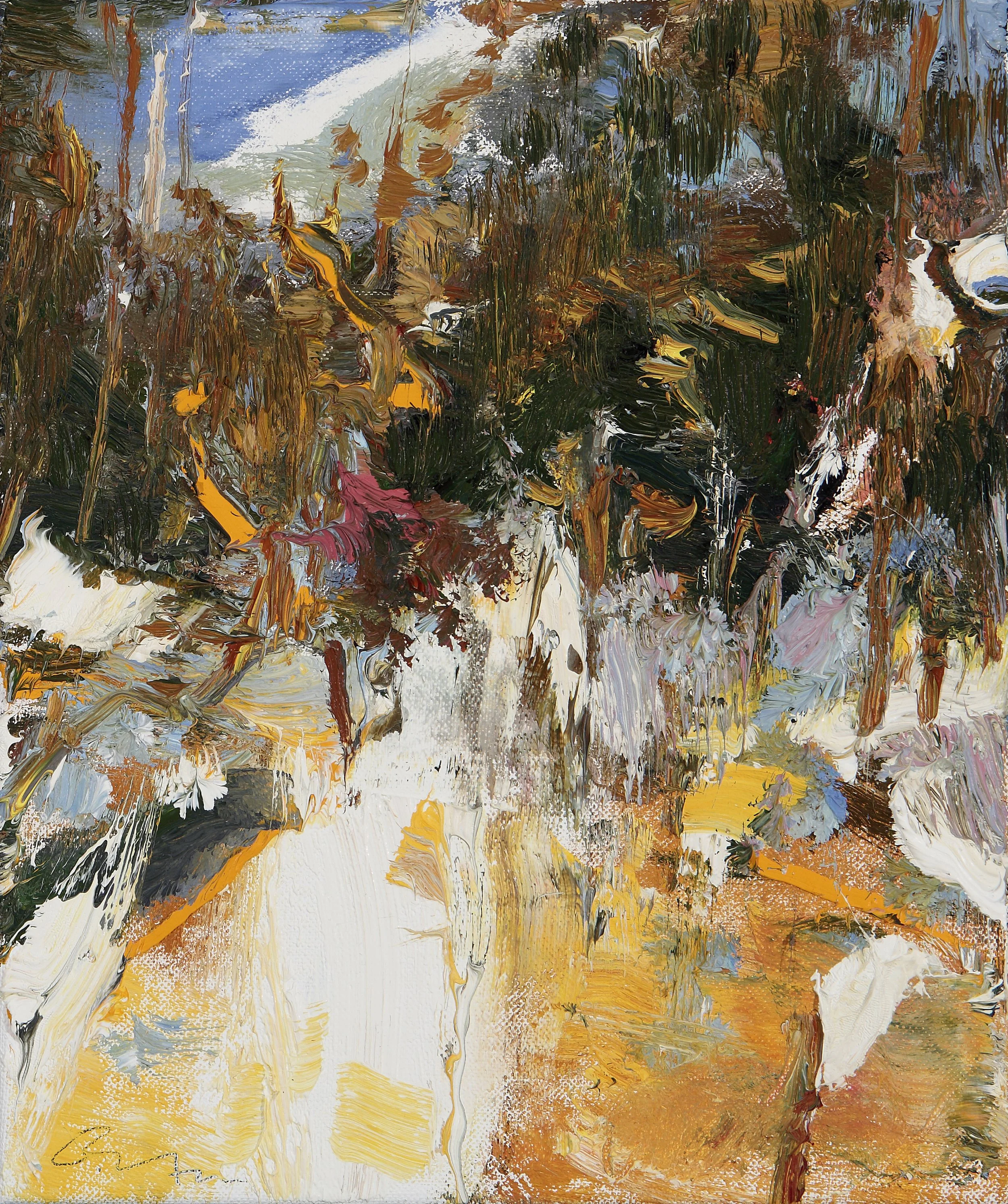An abstract painting with bold brushstrokes, featuring a mix of colors including brown, yellow, white, black, blue, and hints of pink and red, creating a dynamic and textured composition.